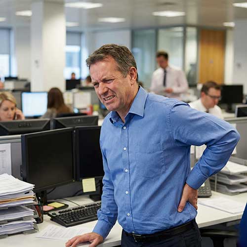 Adult experiencing lower back pain at work, illustrating the need for decompression therapy.