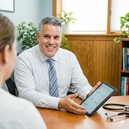 Friendly doctor consulting with a patient about root cause resolution.